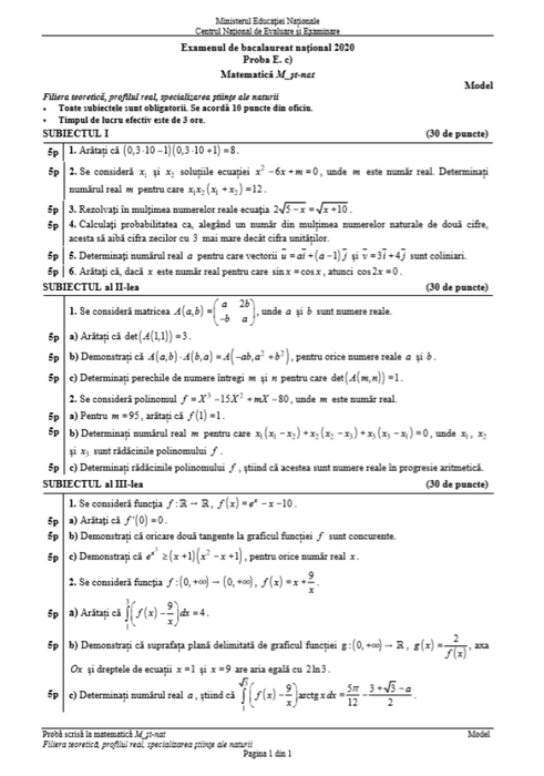 Subiecte BAC la Matematică. Ce a picat în 2020 la M1 şi M2