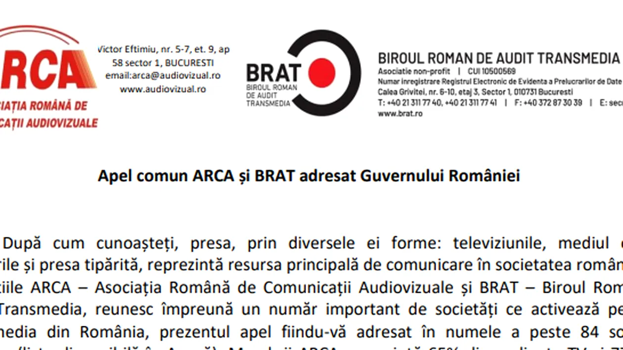 ARCA și BRAT, apel comun către Guvernul României: ”Ajutați presa să reziste crizei!”