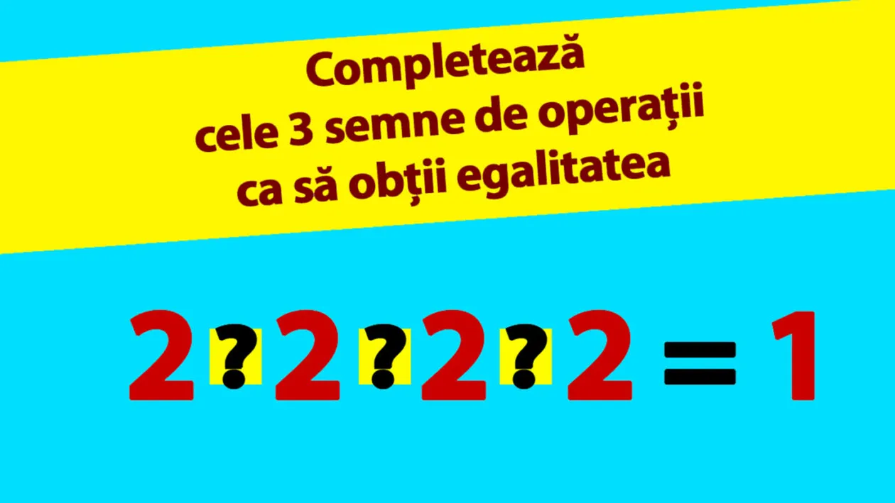 TEST IQ | Completează cele 3 operații matematice dintre cele 4 cifre de 2, pentru ca rezultatul să fie 1