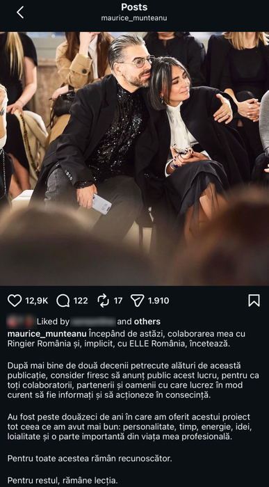 Postarea făcută de Maurice Munteanu, în care și-a anunțat pklecarea de la ELLE. sursă - social media