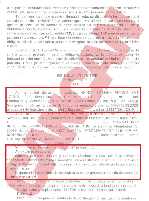 Decizia de apel, contra sentinței date de judecătoarea cu conturi la BCR