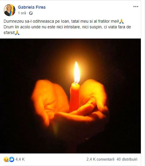 Gabriela Firea este în doliu. Mesajul emoționant postat după moartea tatălui ei