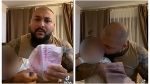 Imagini virale. Dani Mocanu răcorește un bebeluș cu un evantai făcut din bancnote de 500 de euro. VIDEO