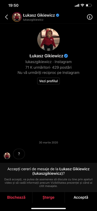 Mesaj primit de Andra Volos de la Łukasz Gikiewicz, fost fotbalist la FCSB