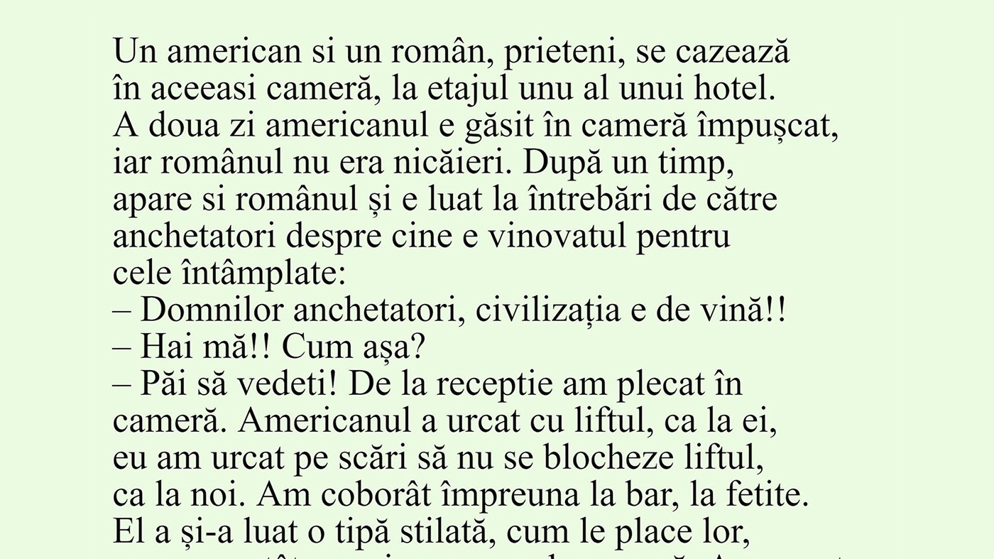 BANCUL ZILEI | Un român și un american se cazează în aceeași cameră, la etajul 1 al unui hotel