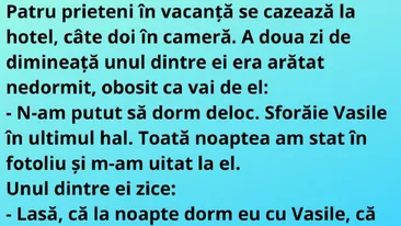 Bancul de vineri dimineaţa | Patru prieteni se cazează la hotel, câte doi în cameră