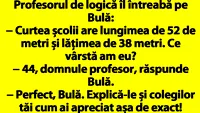 BANC | Profesorul de logică îl întreabă pe Bulă: Curtea școlii are lungimea de 52 de metri și lățimea de 38 metri. Ce vârstă am eu?