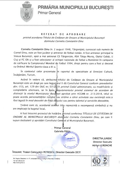 Gafa monumentală făcută de Gabriela Firea, înainte să îi acorde titlul de cetățean de onoare lui Cornel Dinu! Ce a fost scris pe referatul de aprobare la funcția fostului selecționer