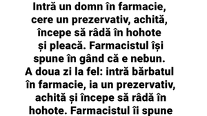 BANCUL ZILEI | Intră un domn în farmacie, cere un prezervativ, achită, începe să râdă în hohote și pleacă