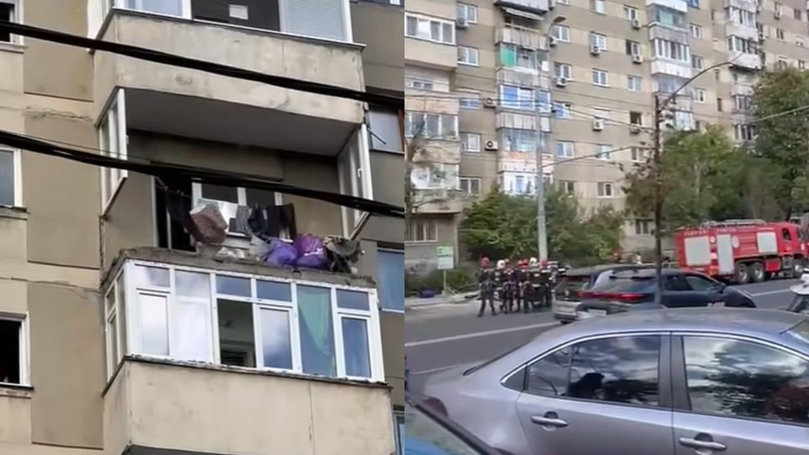 Imagini de pe Bulevardul Tineretului, unde un balcon s-a prăbușit peste o mașină parcată. Pompierii au intervenit de urgență