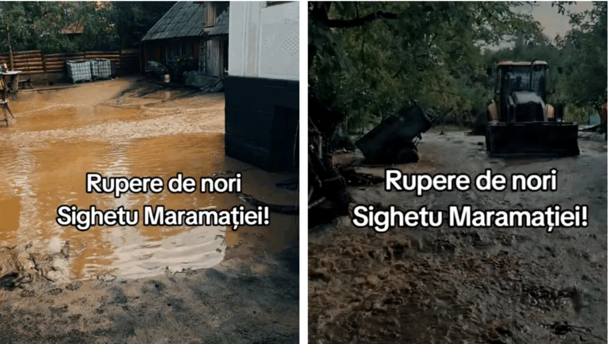 Furtună devastatoare în Maramureș! S-au rupt norii în Sighetu Marmației: case inundate, copaci doborâți de vânt și grindină