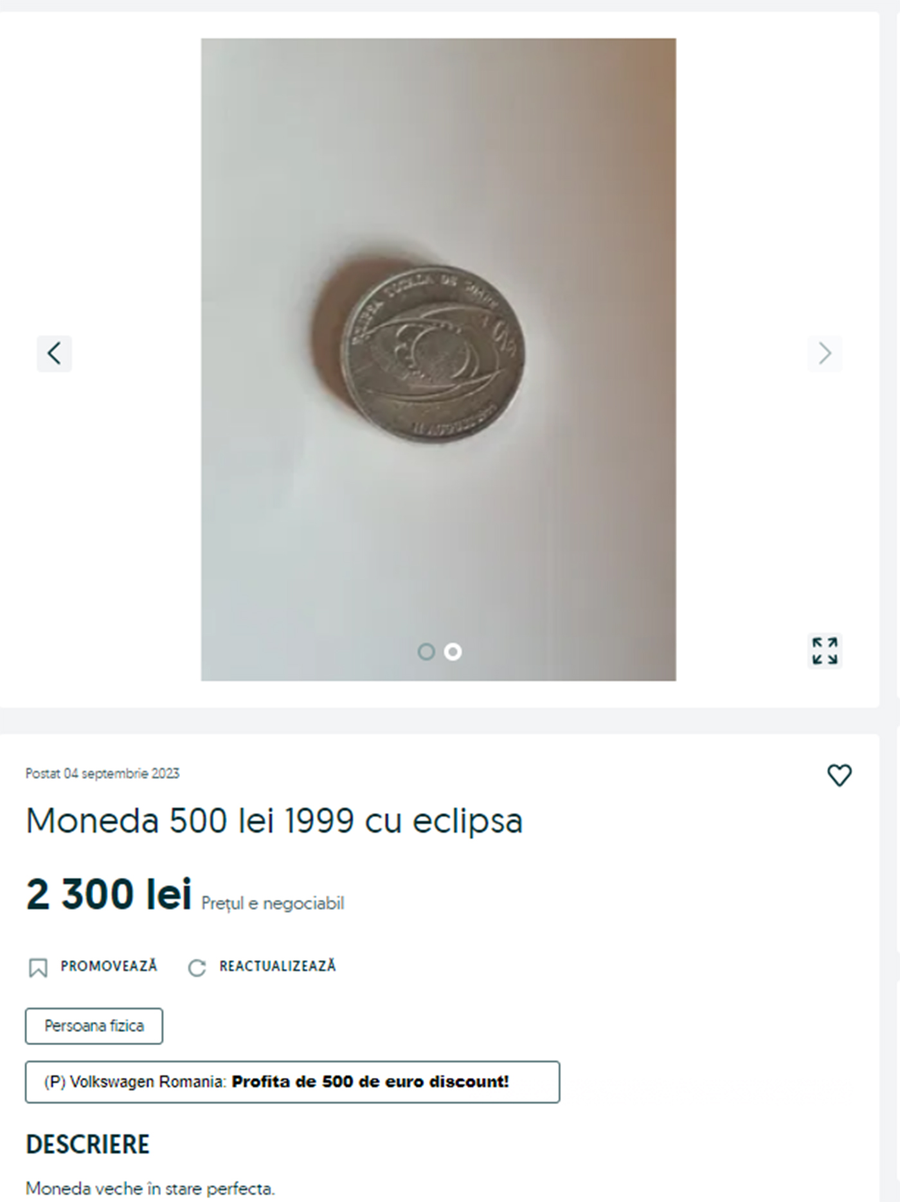 Dacă o găsești acasă, ai dat lovitura! Cu cât se vinde o monedă de 500 de lei cu Eclipsa din 1999, acum, în septembrie 2023