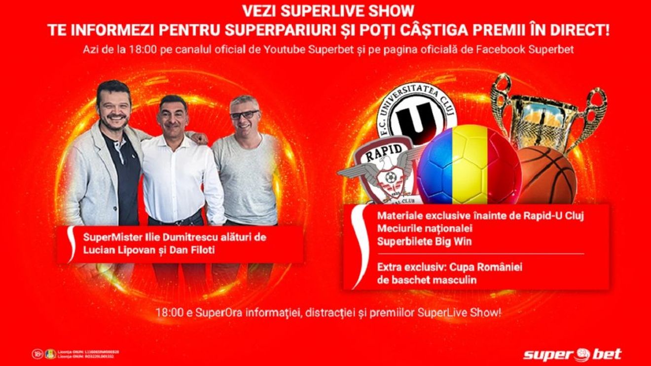E SuperLive Show! Calificarea Tineretului, Finala de la Belfast, Rapid-UCluj, superinvitați și premii în direct! Vezi emisiunea în direct online de la 18:00!