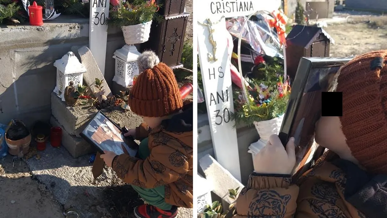 Dramă la Caracal! Imagini cutremurătoare cu copilașul de 4 ani care sărută tabloul mamei la mormântul acesteia