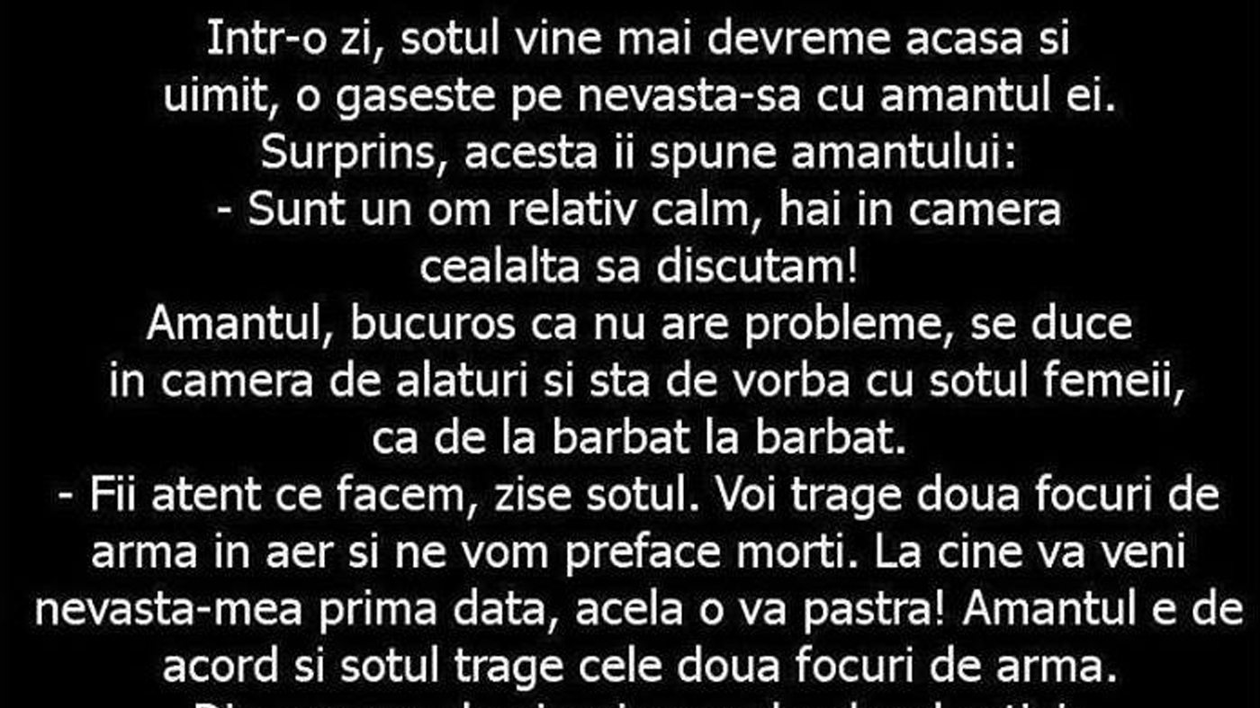 BANCUL ZILEI | Într-o zi, soțul vine mai devreme acasă și o găsește pe nevastă-sa cu amantul ei