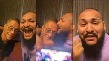 Imaginile zilei! Dani Mocanu îl pupă părintește, pe frunte, pe Jean-Claude Van Damme, în timp ce actorul îi ascultă melodiile: „E lumea plină de invidie”. VIDEO