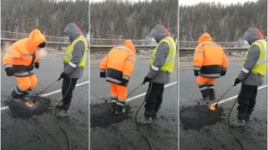Imaginile zilei | Așa se ”tropăie” asfaltul! Metoda inedită prin care doi muncitori ”nivelează” un drum