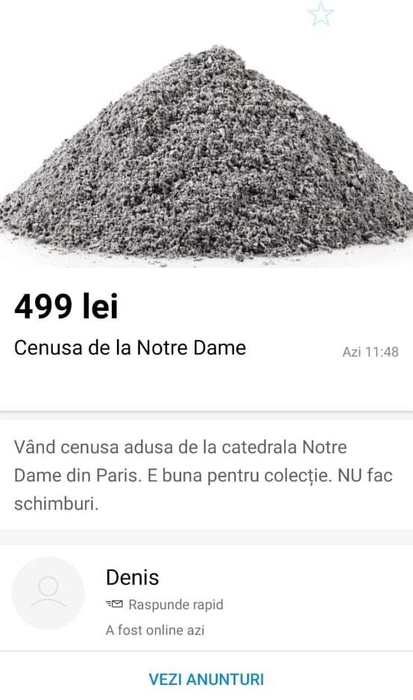 Românii au scos la vânzare pe OLX cenușă de la Catedrala Notre-Dame. Câți bani cer