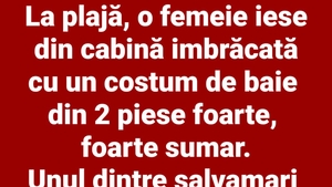 BANC | La plajă, o femeie iese din cabină îmbrăcată într-un costum de baie din 2 piese, foarte, foarte sumar