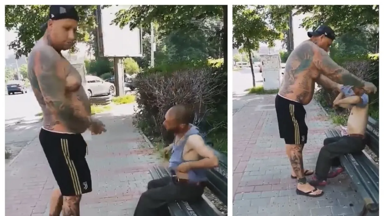 Ce s-a întâmplat cu un cerșetor care stătea pe o bancă, după ce a întâlnit un bărbat tatuat și plin de mușchi. Toți trecătorii au rămas fără cuvinte