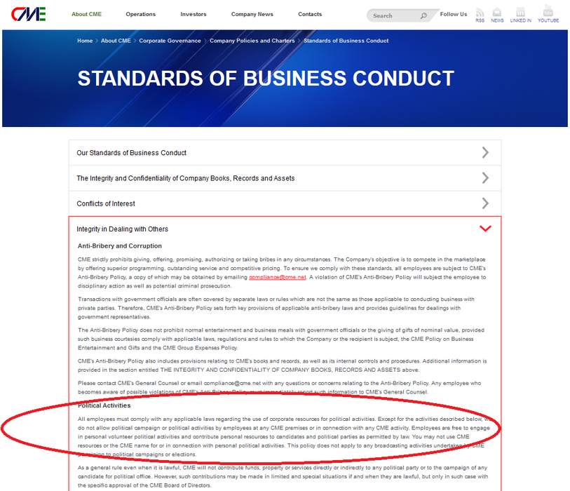 Regulamentul CME este categoric: ”(...) nu permitem desfăşurarea de campanii politice sau activităţi politice de către angajaţi în orice sediu CME sau în legătură cu orice activitate CME (...)”