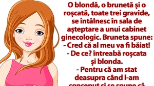BANC | O blondă, o brunetă și o roșcată, toate trei gravide, se întâlnesc în sala de așteptare a unui cabinet ginecologic