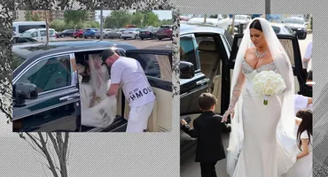 Apariție impecabilă a miresei lui Florin Salam! Roxana Dobre s-a dat jos din Rolls Royce, într-o rochie unică semnată de Cristina Săvulescu