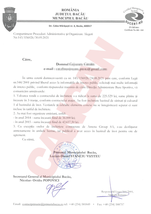 Răspunsul dat de reprezentanții Primăriei Municipiului Bacău