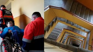 Incredibil! Copil în scaun cu rotile, transportat pe scări 7 etaje. Motivul scandalos pentru care liftul nu funcționa
