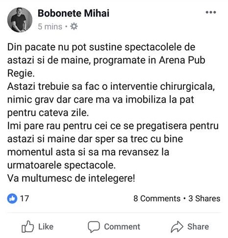 Mihai Bobonete, grav bolnav! A ținut să se afle de la el: “Din păcate,…”