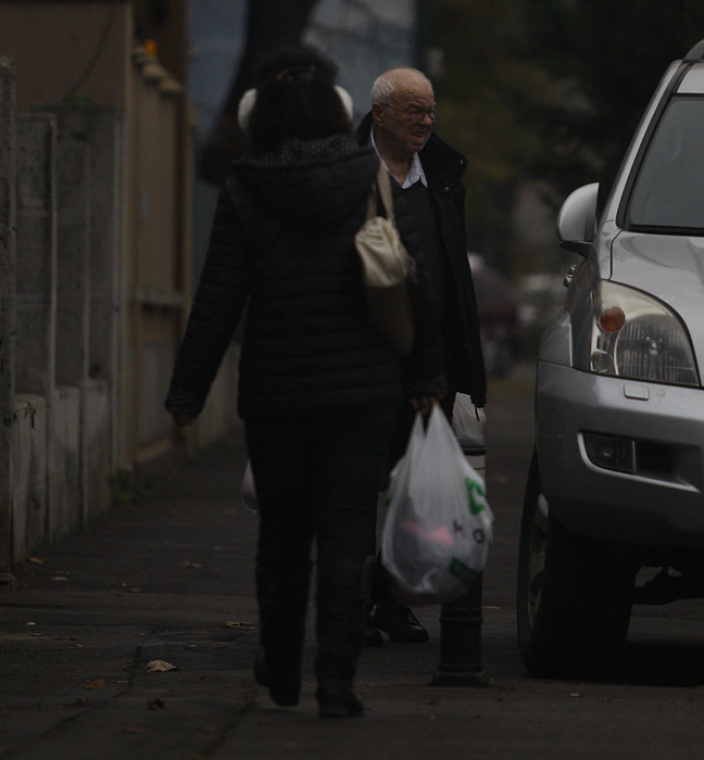 Alexandru Arşinel ţine în mână, cu greutate, trei sacoşe cu diverse cumpărături