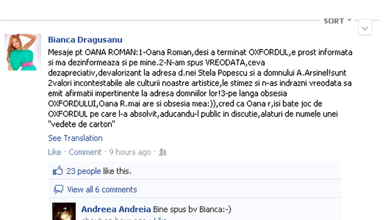 Bianca Dragusanu ii da replica Oanei Roman: E prost informata si isi bate joc de Oxfordul pe care l-a absolvit!