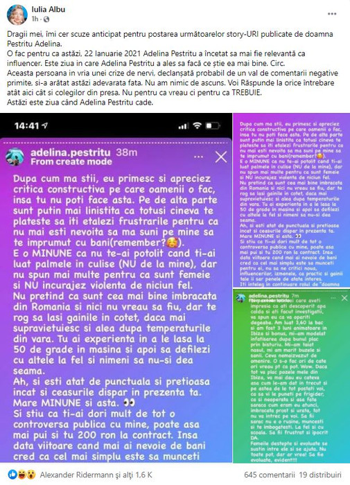 Iulia Albu, primele declarații despre loviturile pe care le-ar fi primit în culisele unei emisiuni: “Îmi cer scuze anticipat. Adelina Pestrițu face circ”