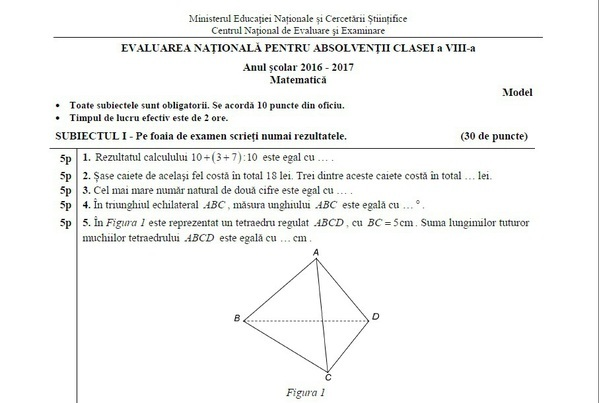 Aşa arată modelele de subiect care ar putea pica la proba de Matematică de la Evaluarea Naţională