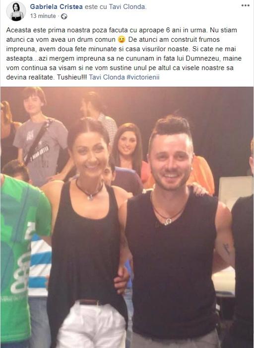 Gabriela Cristea și Tavi Clonda, poză de album cu puțin timp înainte de cununia religioasă: “Ne vom susține unul pe altul ca…”