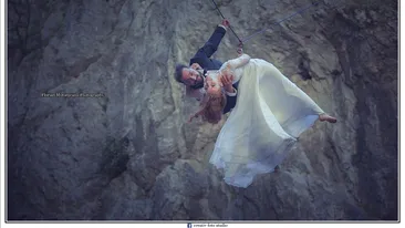 Nuntă la înălţime, în stil James Bond, pe Valea Sohodolului. Mirii şi fotograful şi-au riscat viaţa pentru cele mai spectaculoase poze. Cel mai frică mi-a fost în primii doi metri