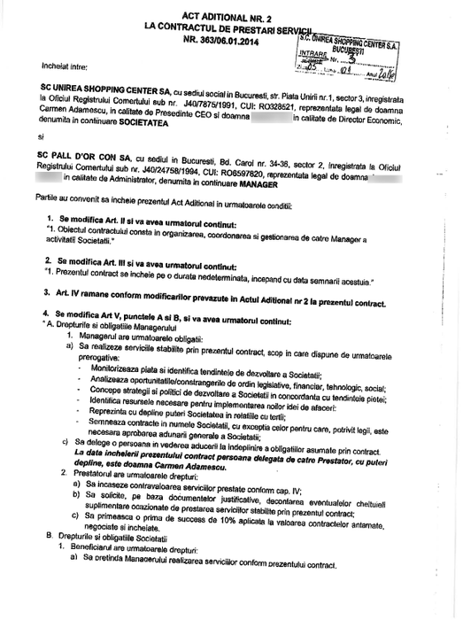 Act adiţional la contractul dintre Unirea Shopping Center şi PALL D'OR CON SA