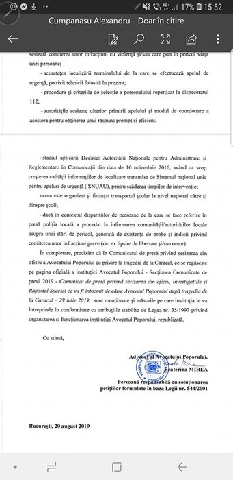 Alexandru Cumpănașu a făcut public răspunsul primit de la Avocatul Poporului în cazul dispariției Alexandrei