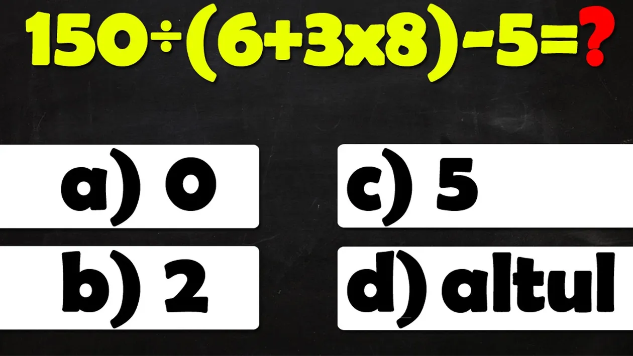 Test de inteligență | Cât face 150:(6+3*8)-5=?