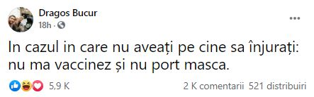 Dragoș Bucur, blamat după ce s-a destăinuit pe Facebook: “Nu mă vaccinez și nu port mască”. Mesajul pe care Lucian Mîndruță i l-a transmis