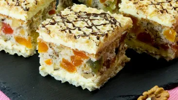 Prăjitura Rumba. Se prepară cu nucă, rahat, alune, fructe uscate și stafide