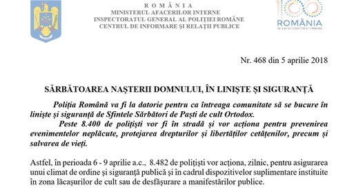 Poliția Română a confundat Crăciunul cu Paștele! Ce mesaj a transmis: „Sărbătoarea Naşterii Domnului, în linişte şi siguranţă”
