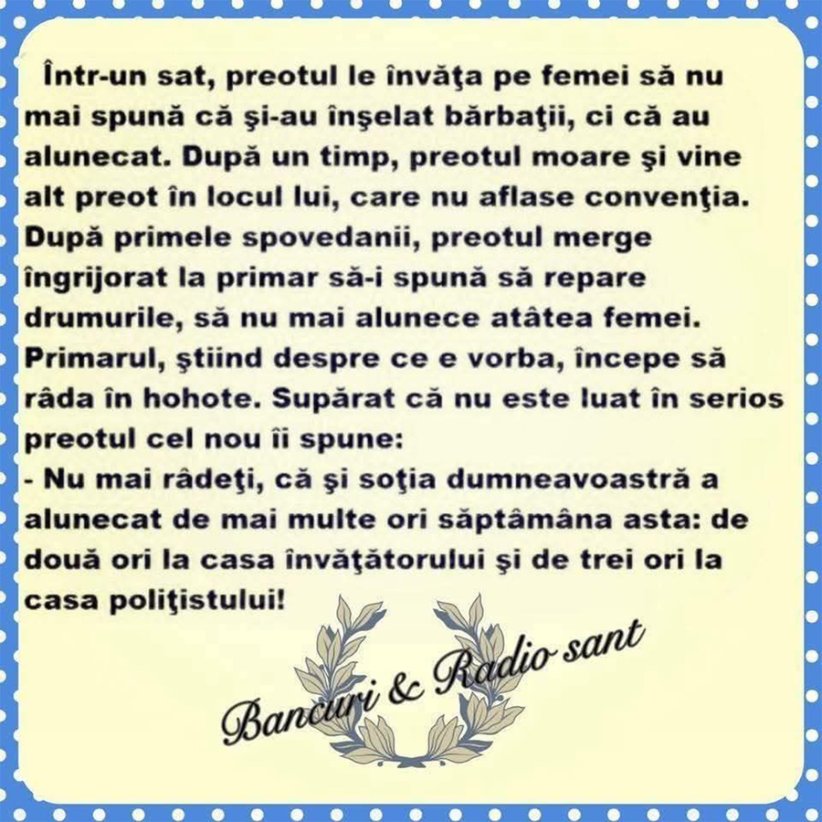 Bancul de weekend | Într-u sat, preotul le învață pe femei ce să spună după ce înșală