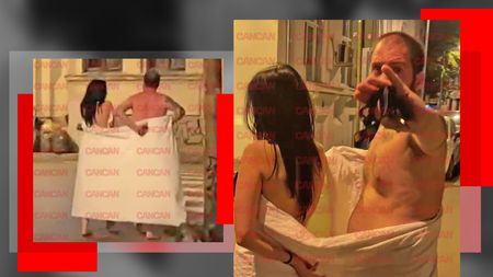 Scene nebune cu doi îndrăgostiți dezbrăcați pe stradă. Amorezii au ieșit la plimbare acoperiți numai cu un cearșaf