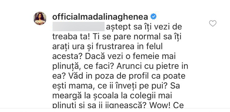 Mădălina Ghenea a răbufnit pe rețelele de socializare, după ce o prietenă virtuală i-a spus că are burtă