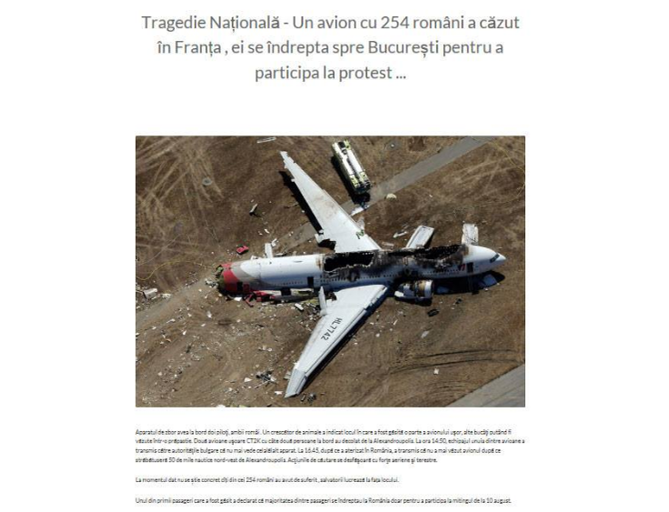 Atenție! Știrea falsă care a panicat România: „Un avion cu 254 români a căzut în Franța! Ei se îndreptau spre București pentru a participa la protest „