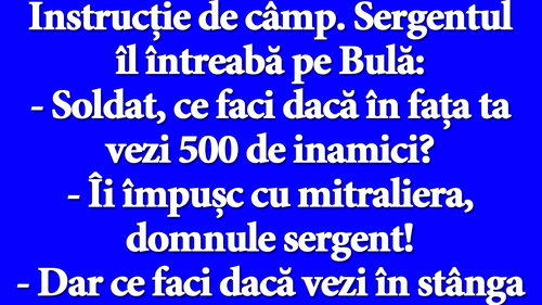 BANC | Instrucție de câmp. Sergentul îl întreabă pe Bulă: "Soldat, ce faci dacă în fața ta vezi 500 de inamici?"