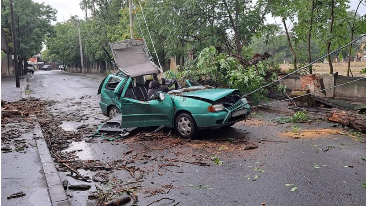 Furtuna a făcut ravagii în București. O persoană a ajuns la spital, după ce un copac a strivit un autoturism