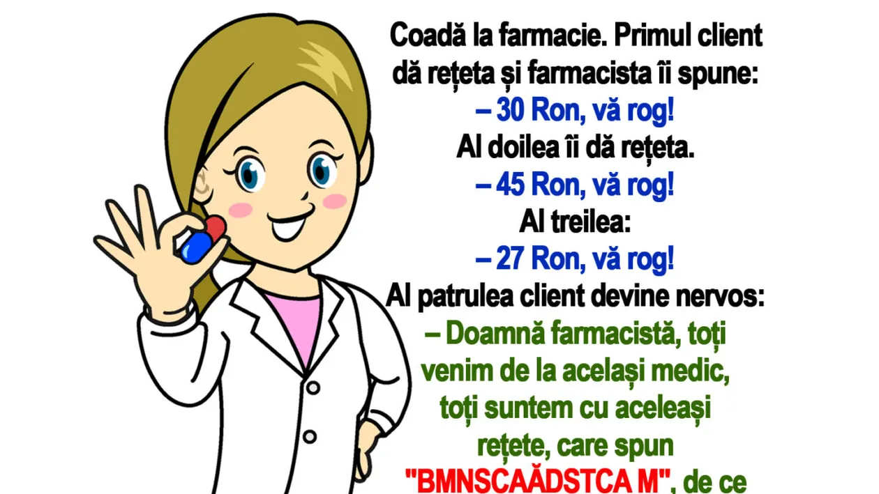 BANC | Doamna farmacistă, mi-a scris medicul pe rețetă: BMNȘCAĂDȘTCA M. Ce înseamnă?