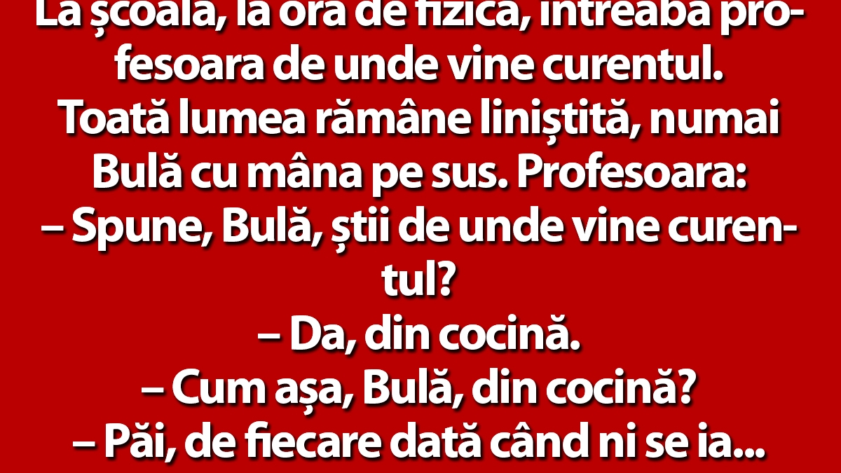 BANC | La școală, la ora de fizică, întreabă profesoara de unde vine curentul. "Din cocină", răspunde Bulă